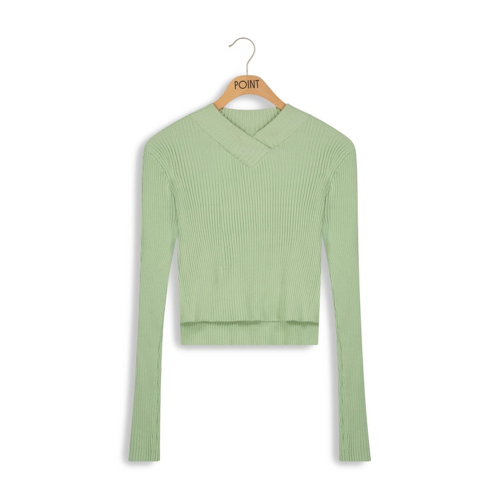 Point Light Green Cropped Ribbed Long Sleeve Sweater